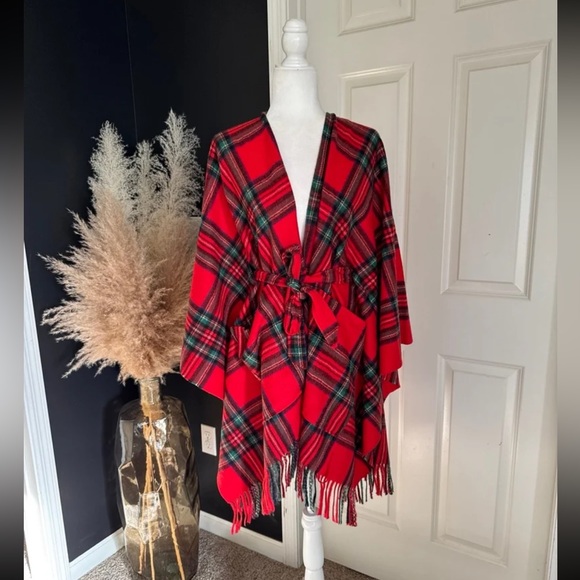 Moss Rose Sweaters - Moss Rose One Size Red Plaid Belted Poncho 
One size fits all
